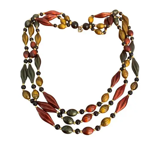 Vintage Twisted Bead Necklace Green Red Cranberry Mustard Yellow Multi Strand