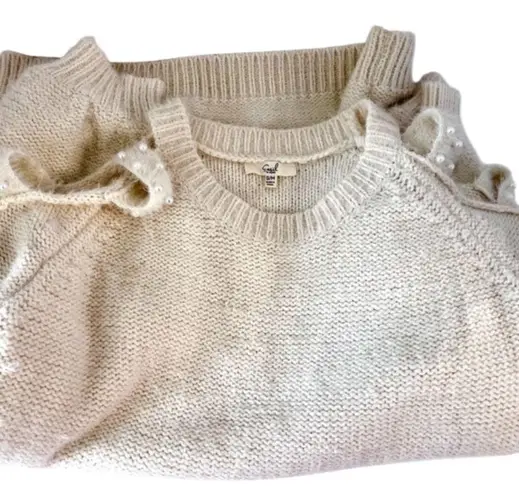 White Sweater with Cold Shoulder & Accent Faux Pearl beaded Design