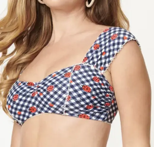 Unique Vintage Navy Gingham & Ladybug Print Ruched & Ready Swim Top, Size 1X