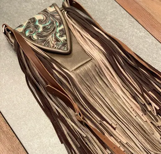 Hide Junky Metallic bronze and accents in turquoise and brown embossed crossbody purse