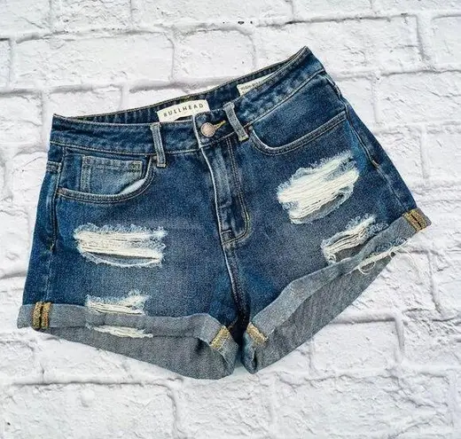 Bullhead Denim Co Bullhead Shorts Womans 24 Blue Distressed Denim High Rise Cuffed Hem