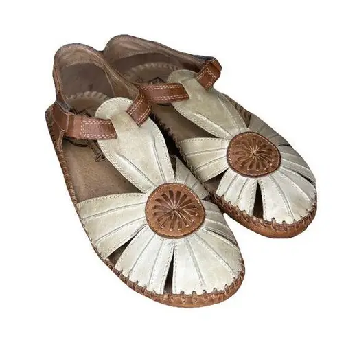 Pikolinos Womens 8 Valarta Sandals Leather T Strap Flower Brown Covered Toe