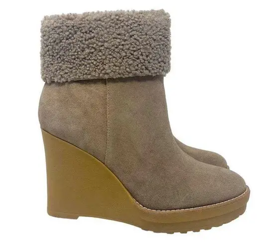 Ralph Lauren NEW LAUREN  Steph Shearling-Cuff Wedge Booties Taupe Size 6.5