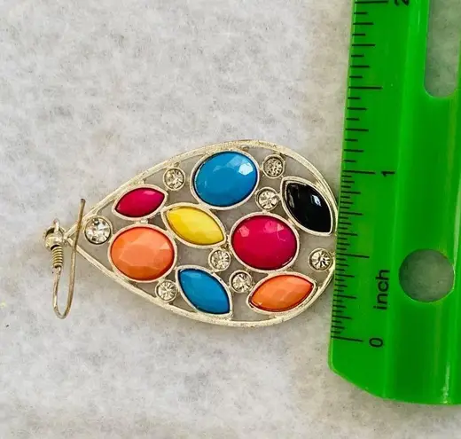 Teardrop Dangle Hook Pierced Earrings Multicolor Faceted Settings Rhinestones