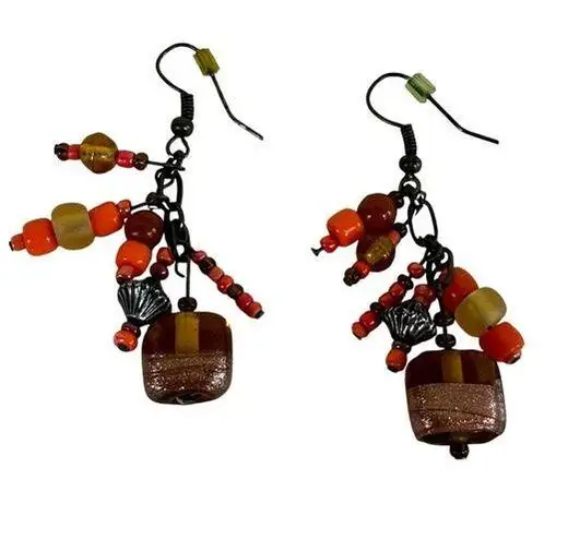 Fall Autumn Colored Orange Brown Rust Beaded Dangly Statement Earrings