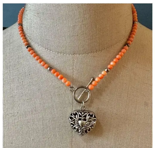 coral beaded sterling silver heart locket pendant necklace Orange