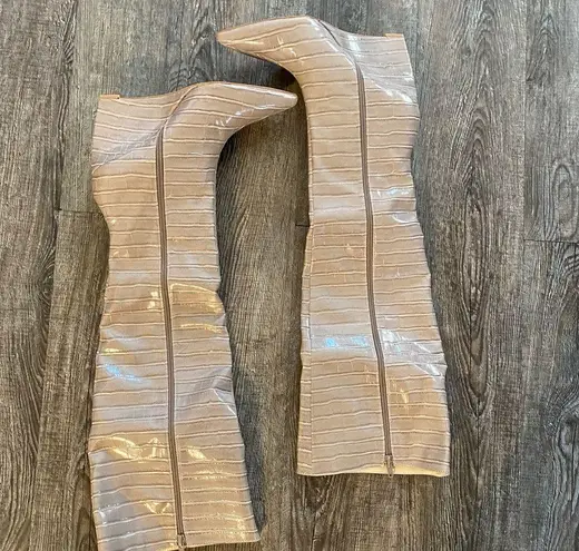 So Me Women Shoes Knee High Boots Wedge Size 9 Heels Full Zip LEXSAHAR Tan Croc