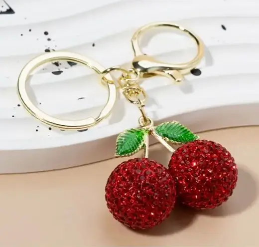 Red Cherry Rhinestone Keychain Sparkle Pendant Bag Charm Cute Accessory Red