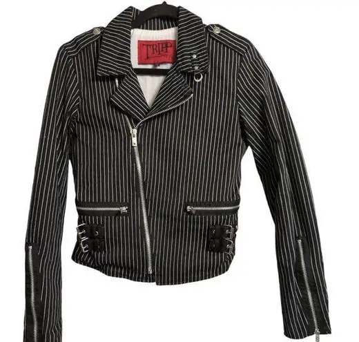 Tripp NYC Black White Striped Asymmetrical Zip Biker Jacket Moto Size M