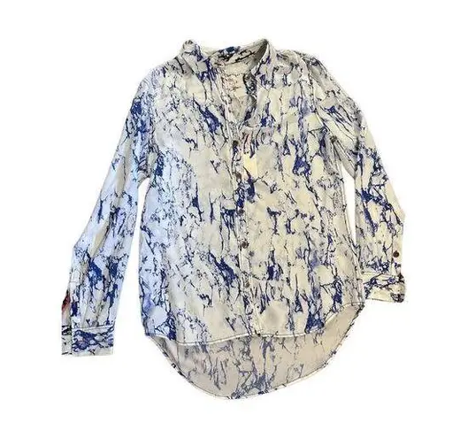 Lemlem Hana Blue white marbled pattern 100% Silk blouse sz small