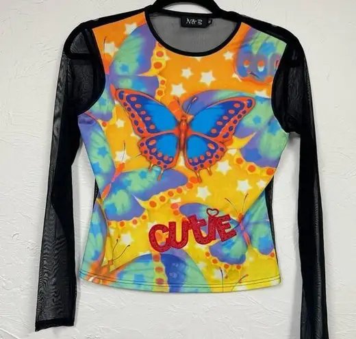 Vintage Y2K Style N&B Black Mesh Sleeve Butterfly Blouse Womens M Colorful Sheer Yellow Size M