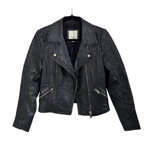 River Island Vintage Quilted Leather Moto Biker Black Jacket Size UK 12 US 8