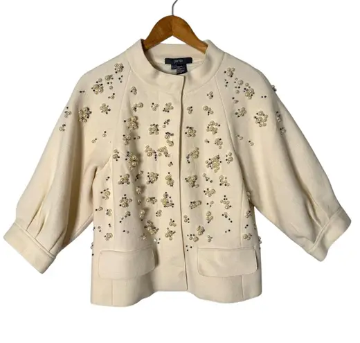 Per Se Carlisle Pearl Rhinestone Wool Jacket Womens 12 Cream Embellished FLAW
