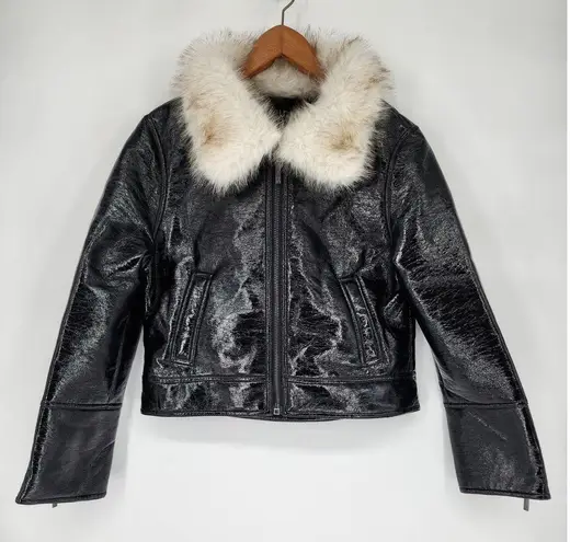 Unreal Fur Wet Look Aviator Jacket Black Faux Leather & Fur Collar Women’s S