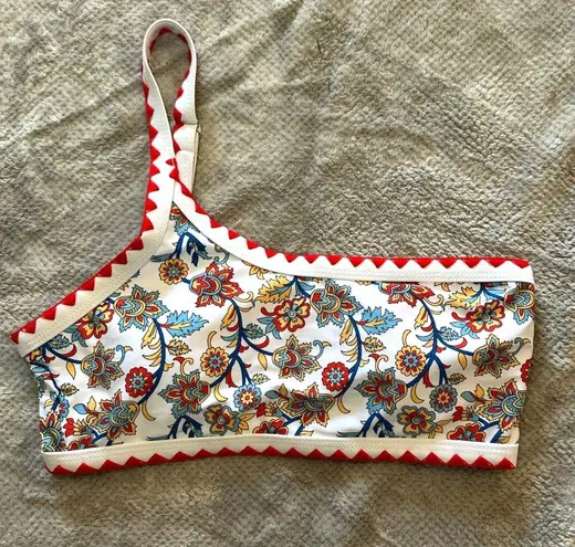 Floral Swim Mod Paisley Print Whip Stitch One Shoulder Bikini Swimsuit White