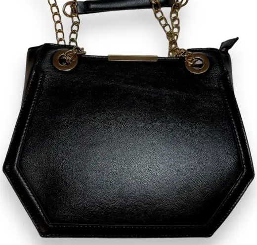 Melie Bianco Geometric Vegan Leather Black Shoulder Bag Purse with Gold Chains