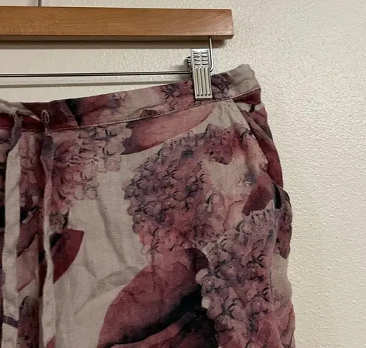 Flax Tan Floral Drawstring Waist Longline Linen Bermuda Clamdigger Shorts S