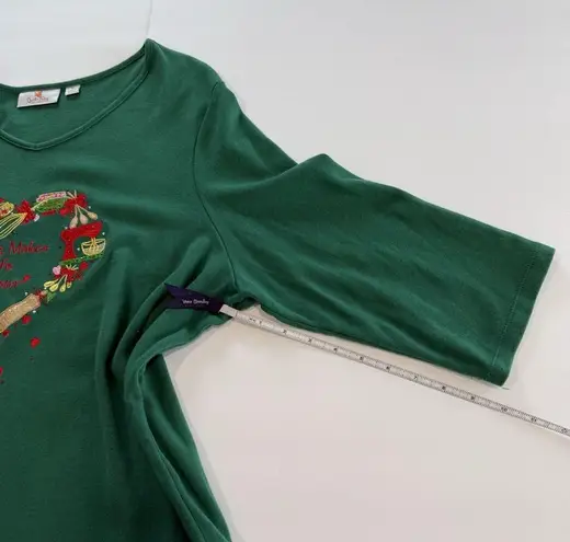 Quacker Factory Green Rhinestone Embroidery Baking Life Sweeter Knit Top Size 1X