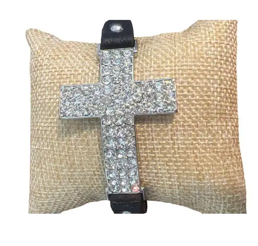 Rhinestone Sideways Cross Black Leather Bracelet Snap Closure 6.5" 7" NEW Silver