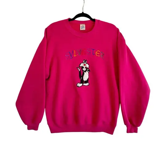 Vintage Jerzees Sylvester Looney Tunes Sweatshirt Pink Embroidered Large USA