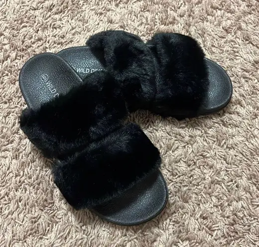 Wild Diva Black Faux Fur Double Band Slides