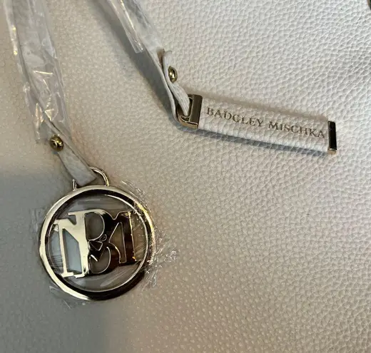 Badgley Mischka White Leather Tote Bag with Gold Chain Detail and Designer Charm