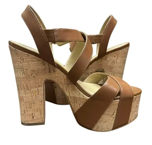 Michael Kors 8.5 US Suki Leather Platform Sandals in Luggage Brown Summer Shoes