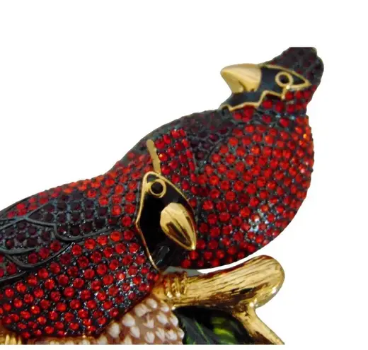 Joan Rivers  CARDINAL Birds BROOCH PIN Large 4" Pave Crystal Enameled Gold Pine