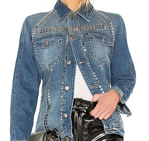 Frame  Le Denim Studded Jacket Light Fading Button Front Sz M Gelder Blue