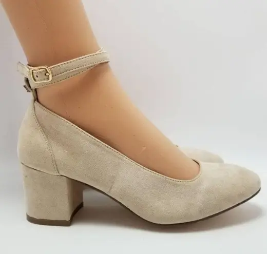 London Rebel Ankle Strap Womens Block Heels Shoes Beige Size EUR 39