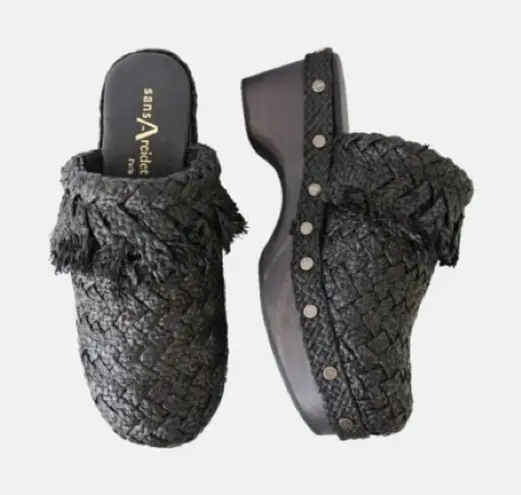 Sans Arcidet‎ Women's Paris Black Rafia Fringe Clogs Open Back Size 41 - Image 1