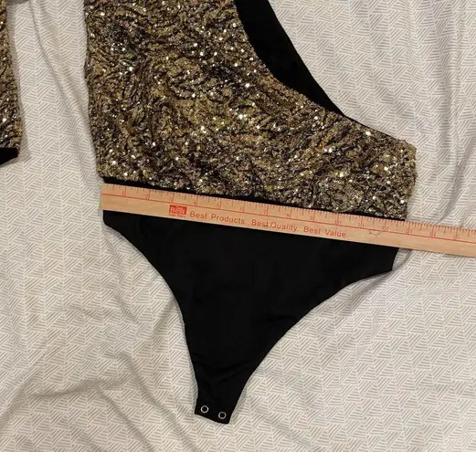 Revolve  H:ours Gold Sequin One Shoulder Long SleeveThong Bodysuit Size S Party