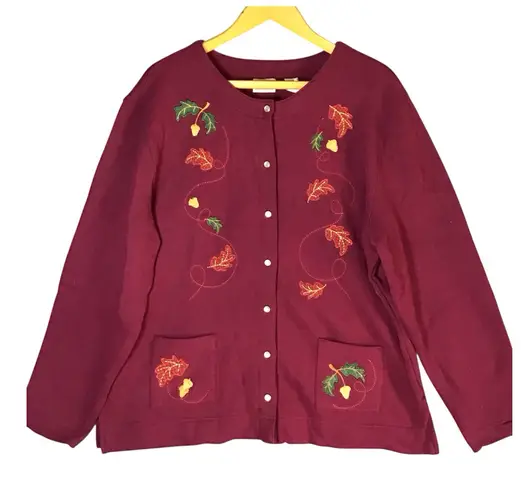 Classic Elements Autumn Leaf Burgundy Sweater Embroidered Grandmacore Fall Style