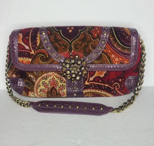 Isabella Fiore Studded Rhinestones Paisley Velvet Snakeskin Clutch Shoulder Bag Purple