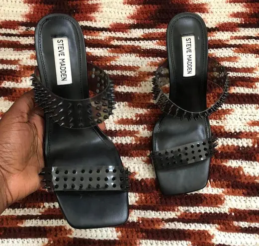 Steve Madden Lunna Black Spiked Stiletto Sandals Mules Heels Pumps Open Peep Toe Strappy Square Toe thumbnail 1