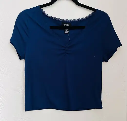 Hot Kiss Blue Crop Ruched Blouse Short Sleeve