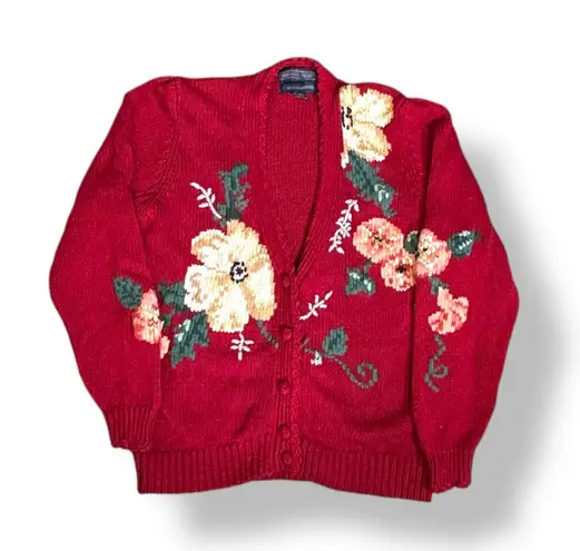 Vintage 90s Herman Geist Hand Embroidered Floral Knit Cardigan Sweater Red Crop Size M