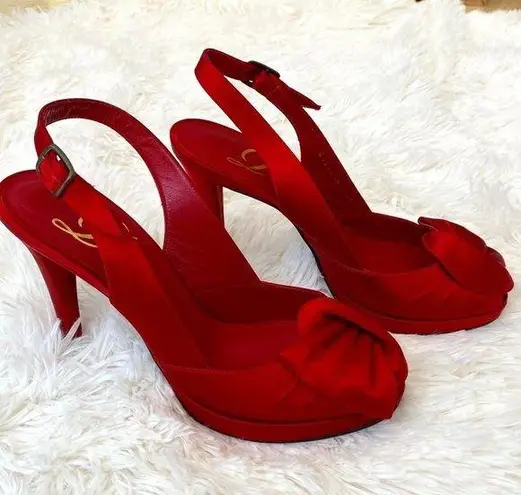Delman Red Satin Peep Toe Slingback Heels Size 6.5
