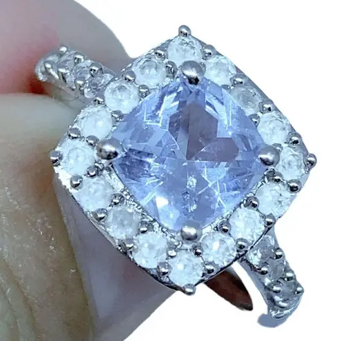 Aquamarine White Sapphire Halo Women's Engagement Ring in Sterling Silver Sz 6