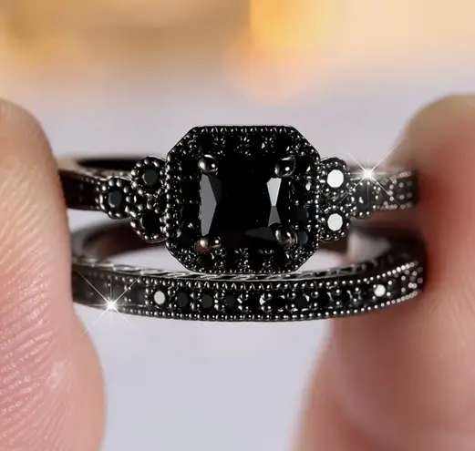 14K Black Gold Plated Lab Created Diamond Black 2.90Ct Princess Cut Bridal Ring