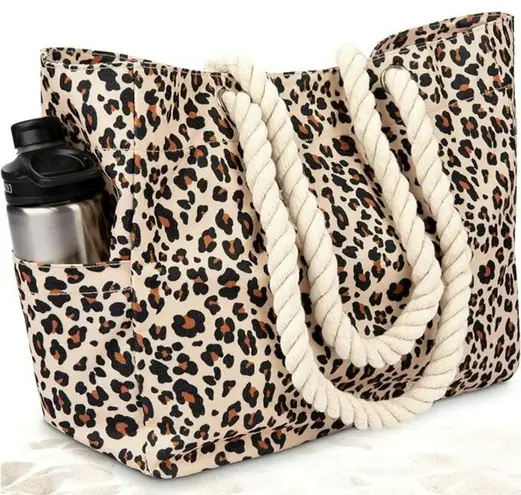 OdyseaCo Animal Leopard Print Magnetic Snap Rope Waterproof Tote Beach Large Bag