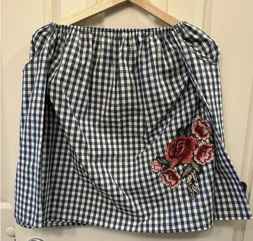 Karlie  Off‎ Shoulder Blue Gingham Top 100% Cotton Embroidered Rose Size Small - Image 1