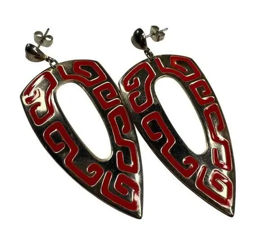 Retro Red and Silver Color Metal Dangle Earrings Pierced Post Aztec Tribal