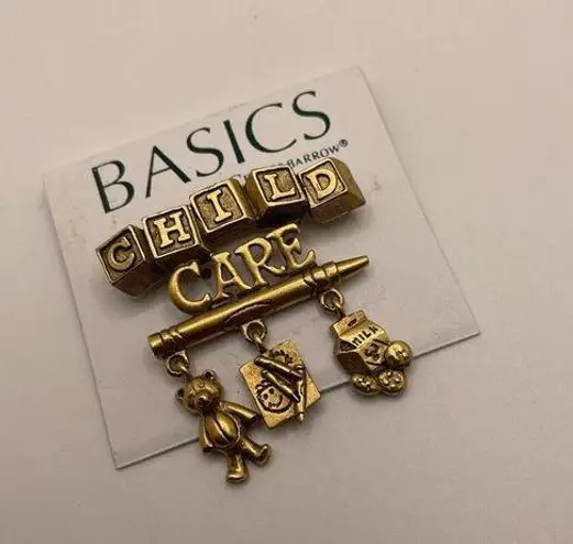 Signed Danecraft Child Care Dangling Charms Pin Brooch Gold Tone