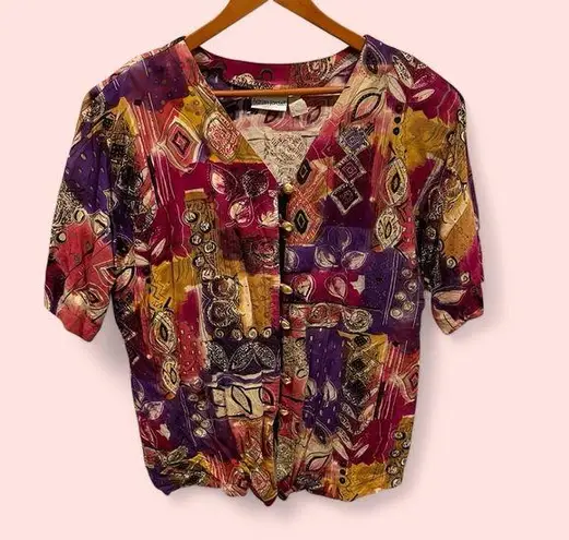 Vintage 80’s gold bling chunky button pink purple batik aztec lightweight top Size 1X