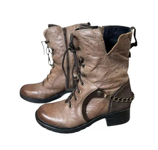 Dromedaris Brown Soft Leather Combat Booties Boots Size EU 38 Lace Up Zip Moto