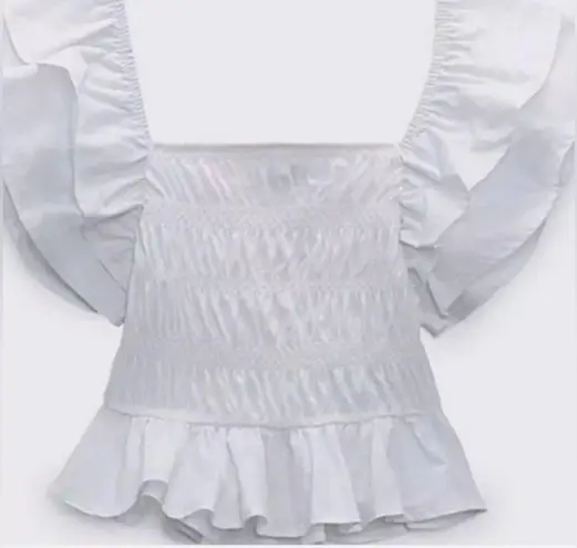 ZARA NWT white cotton ruffle sleeve peplum smocked stretchy top