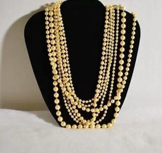 Source Unknown Rare Vintage 7 Strand Gold Tone Faux Pearl Statement Slide Clasp Necklace