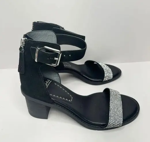 Zodiac  Sandals Womens 7.5 Black Leather Ankle-Strap Block-Heel Rhinestone Zip