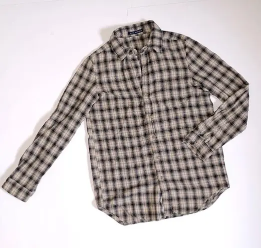 Brandy Melville Women's One Size Flannel Plaid Button Up Shirt Tan Beige & Black